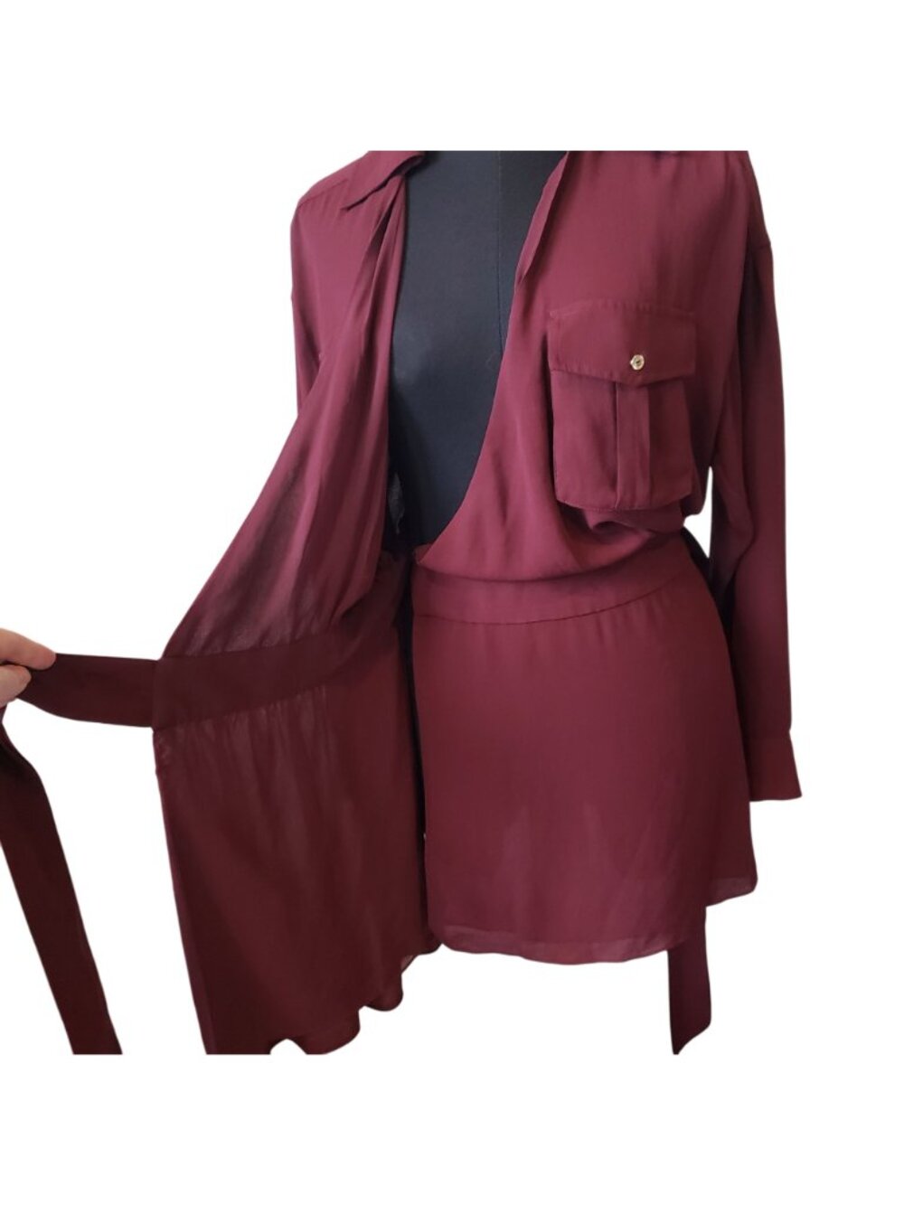 Ramy Brook Burgundy Long Sleeve Mini Wrap Dress Fall Red Wine Shirt Dress - Picture 13 of 13